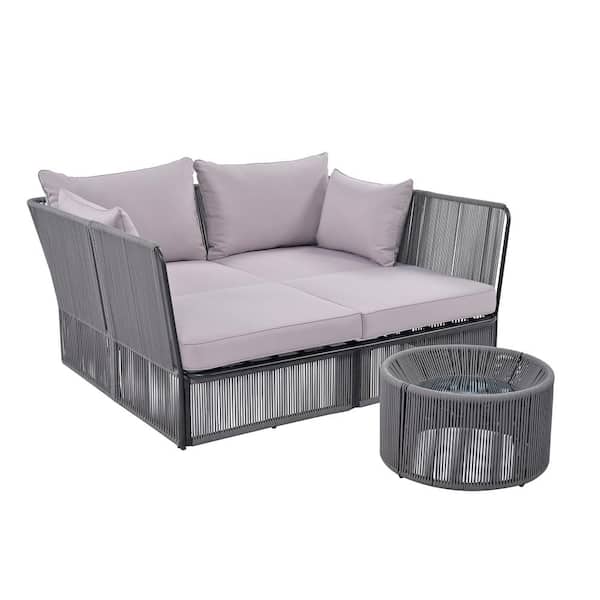 Zeus & Ruta 2-Piece Woven Rope Metal Outdoor Day Bed with Grey Cushions and Clear Tempered Glass Table for the patio, poolside