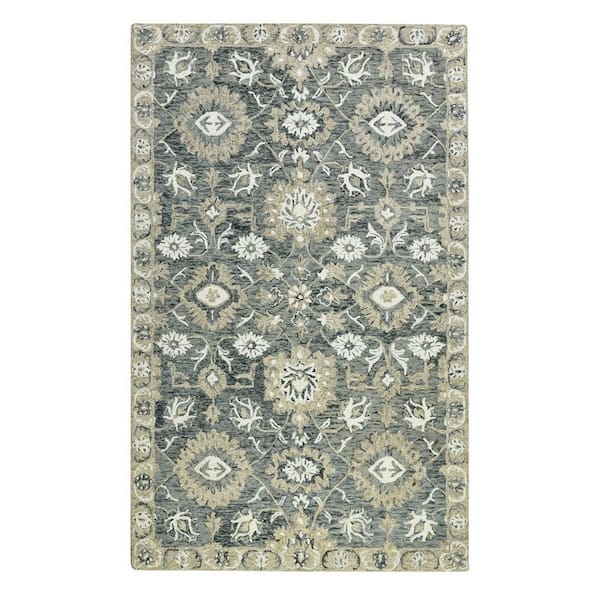 8 ft. x 10 ft. Gray Ivory and Beige Wool Floral Medallion Hand Hooked Area Rug