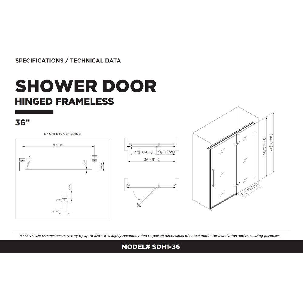 36'' Black Clear Tempered Glass Hinged Frameless Shower Door