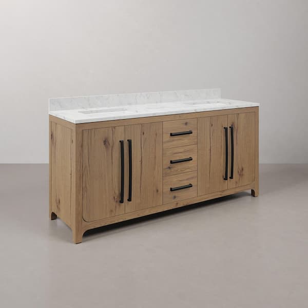 Perris 72 in. Double Sinks Bath Vanity in Weathered Oak with Carrara White Engineered Stone Top