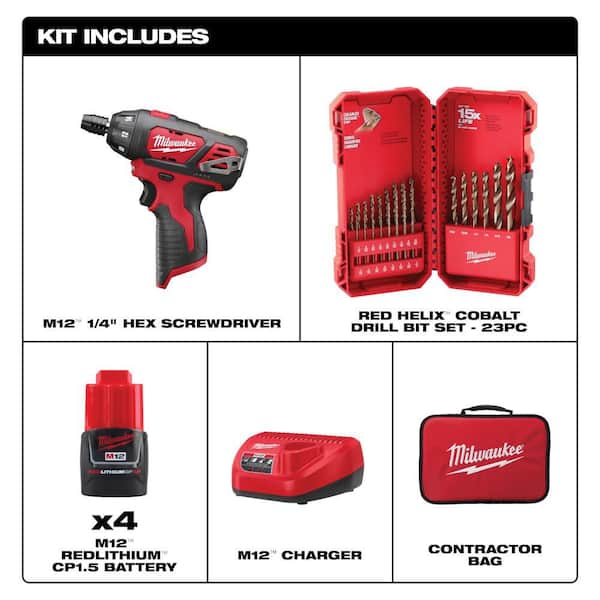 M12 12V Lithium-Ion Cordless 1/4 in. Hex Screwdriver Kit with (4)1.5Ah Batteries, Charger, Tool Bag, 23 Pc Twist Bit Set