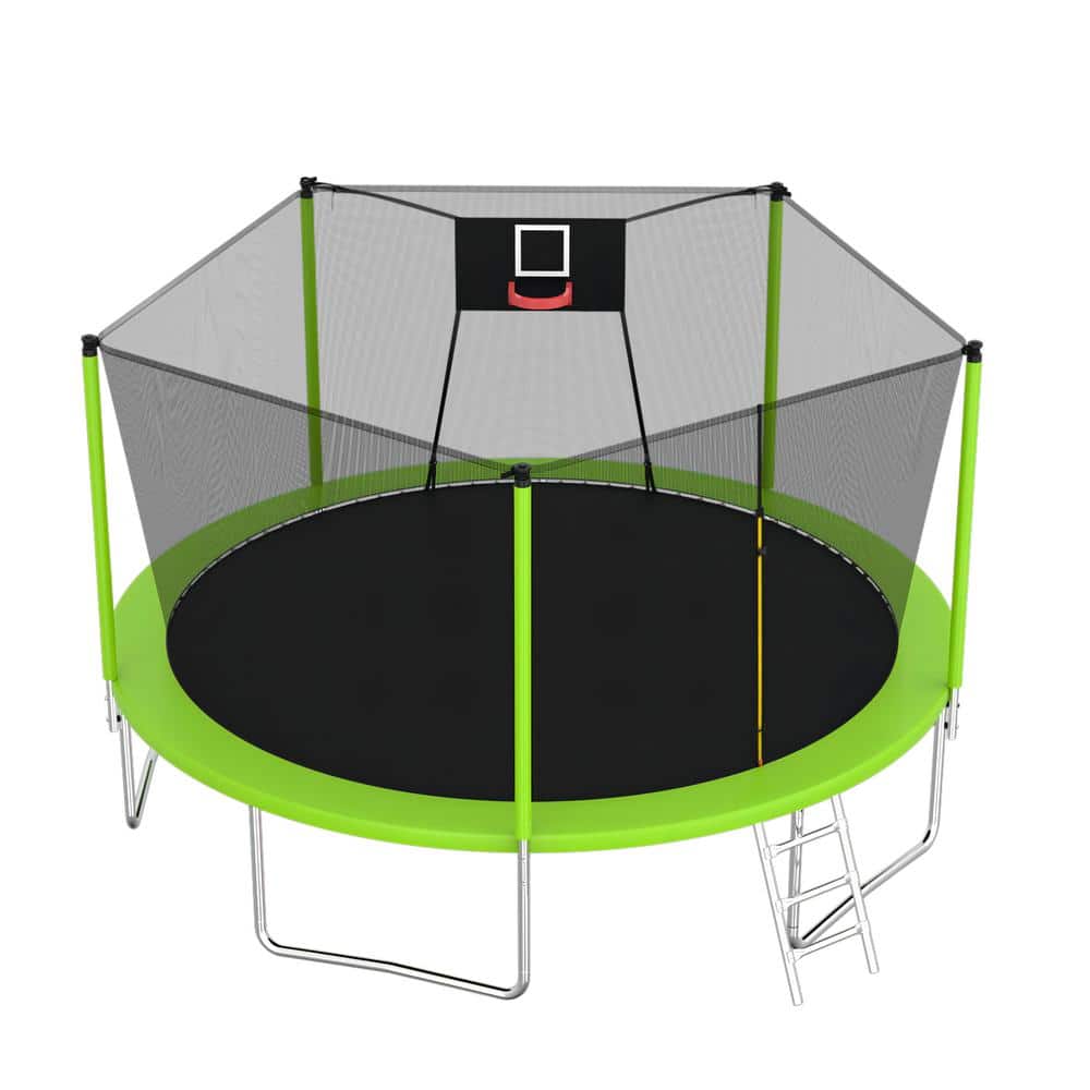 14FT Green Round Trampoline with Enclosure and Ladder