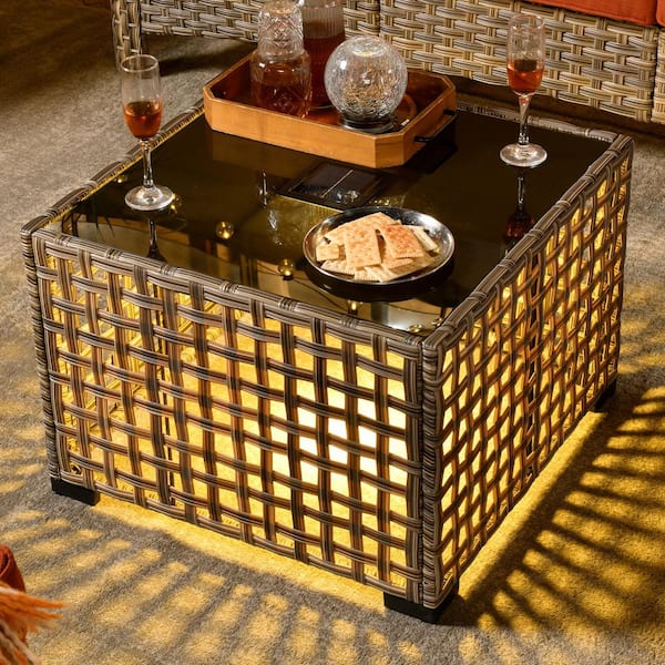 New Vultros Gray 8-Piece Wicker Patio Conversation Set with Denim Blue Cushions and Solar LED Coffee Table