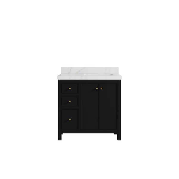Willow Collections Chicago 36 in. W x 22 in. D x 36 in. H Single Right Offset Sink Bath Vanity in Black with 2 in. Calacatta Sienna qt. Top