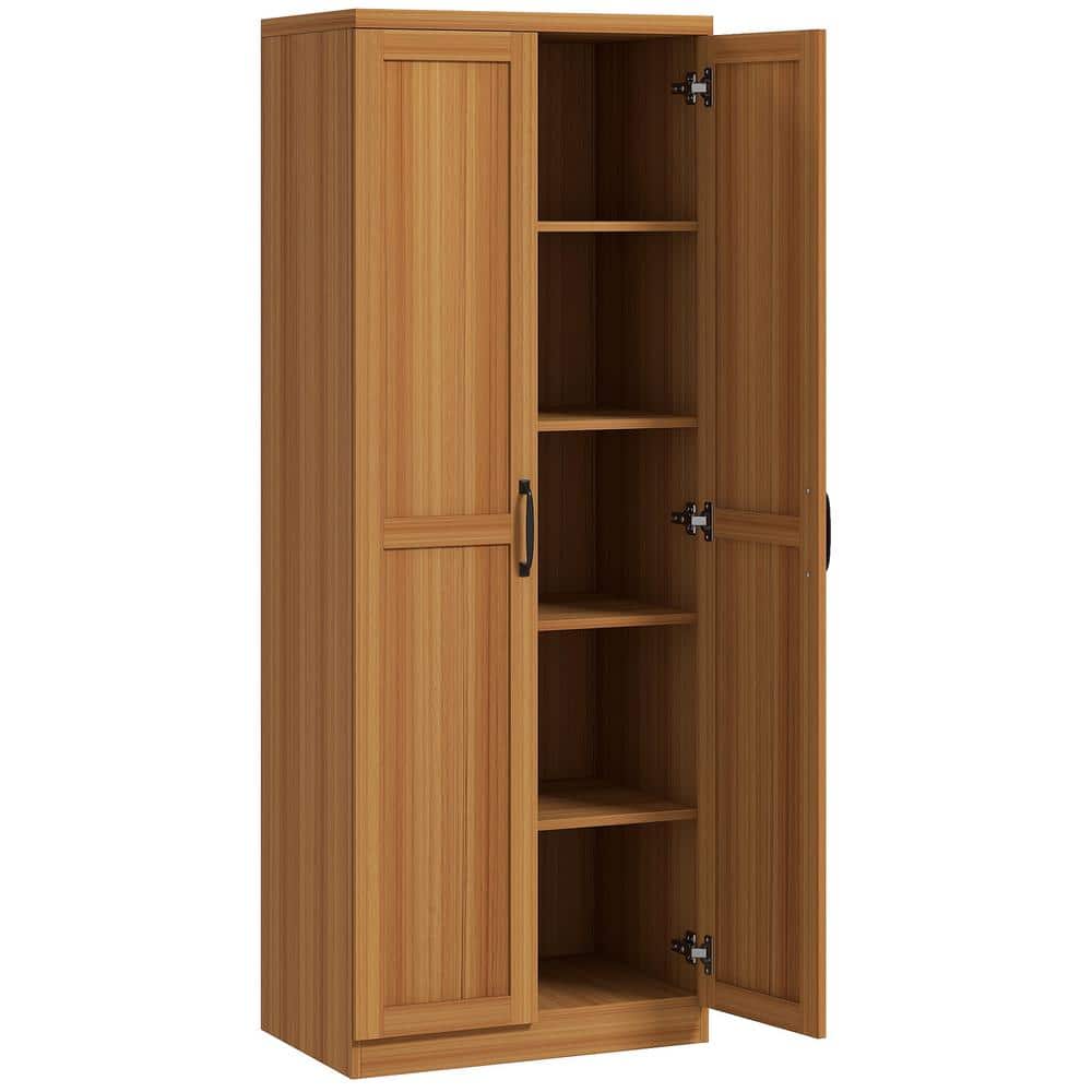 Kitchen Pantry, Freestanding 5-tier Storage Cabinet with 2 Adjustable Shelves for Dining Room, Teak Wood Grain