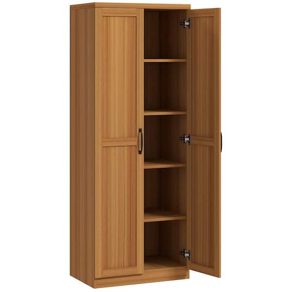 Kitchen Pantry, Freestanding 5-tier Storage Cabinet with 2 Adjustable Shelves for Dining Room, Teak Wood Grain