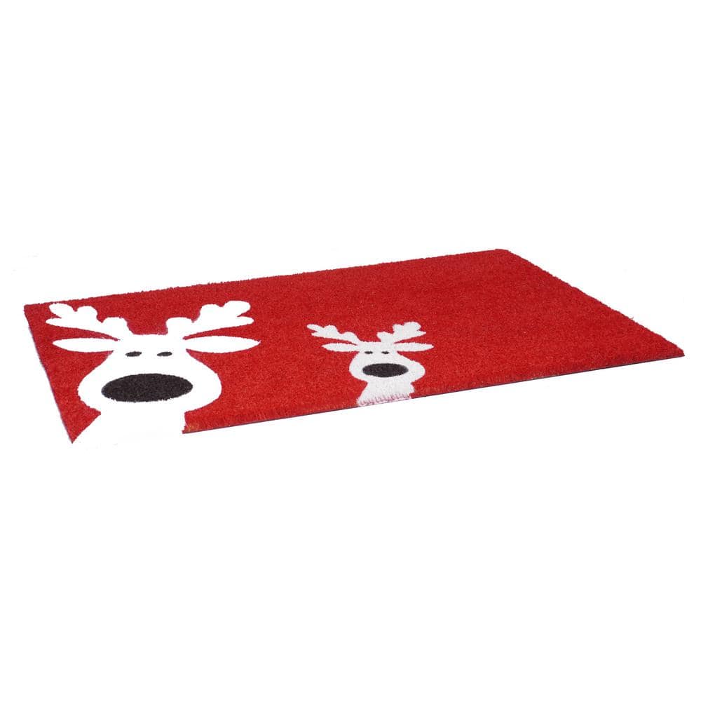 Red and White Coir Christmas Reindeer Outdoor Doormat