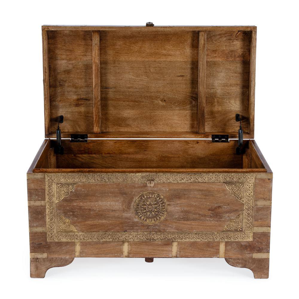 Bohemian Rectangular Brown Wood and Metal Storage Trunk