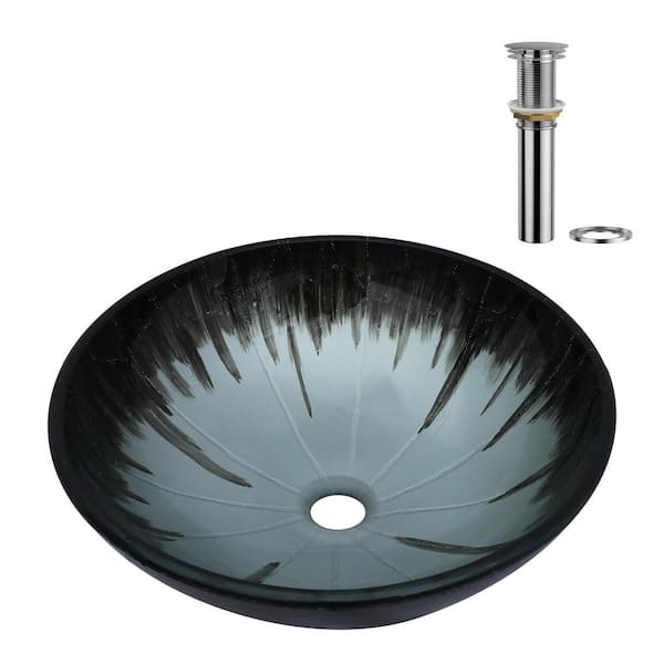 16-1/2 in. Black and Gray Ombre Glass Round Vessel Bathroom Sink with Chrome Pop-up Drain