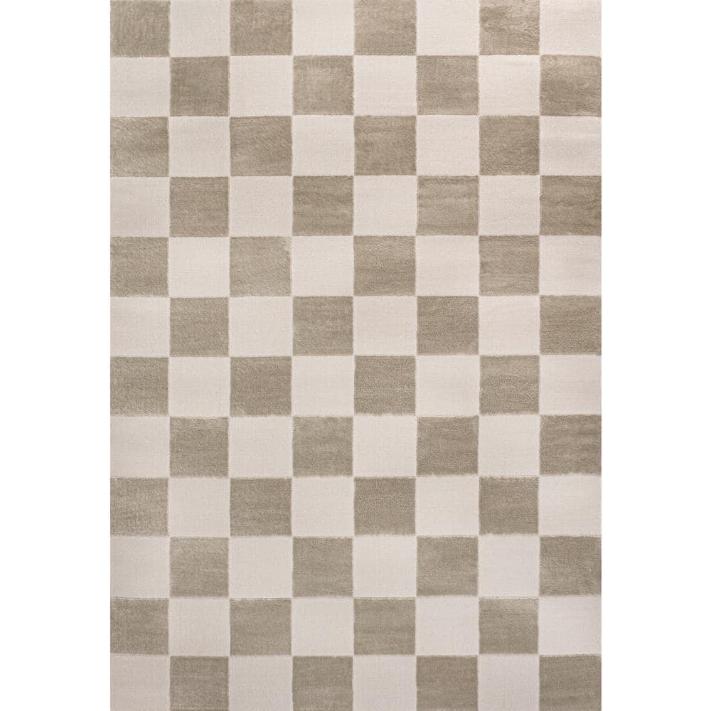 Beige and Cream Geometric Checkerboard 5 x 8 Area Rug