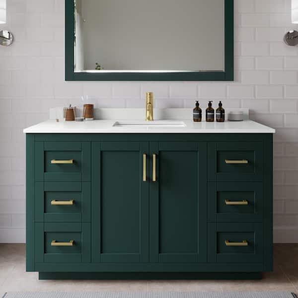 Wyndham Collection Miranda 54 in. W x 22 in. D x 33.75 in. H Single Bath Vanity in Green with White Quartz Top and 46 in. Mirror