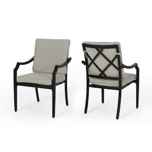 Black Metal Outdoor Dining Chair with Beige Cushions, Set of 2