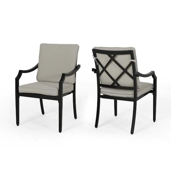 Zeus & Ruta Black Metal Outdoor Dining Chair with Beige Cushions, Set of 2