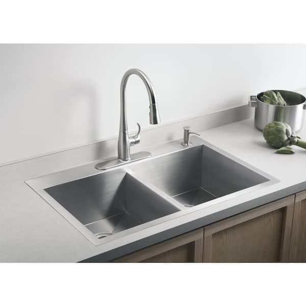 KOHLER Ballad Undermount Stainless Steel 31.5 in. Double Bowl Kitchen Sink with Simplice Kitchen Faucet