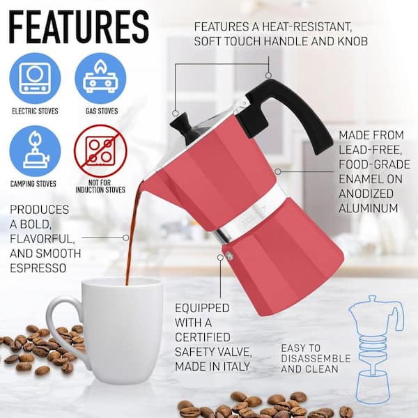 Zulay Kitchen 6-Cup Premium Moka Pot Stovetop Espresso Maker (Red
