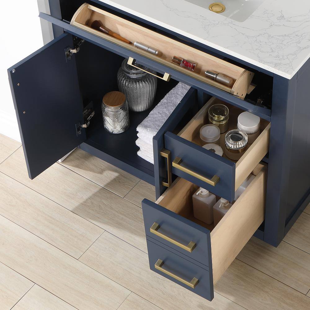 Royal Blue 36" Freestanding Vanity with Grain White Top & Gold Accents