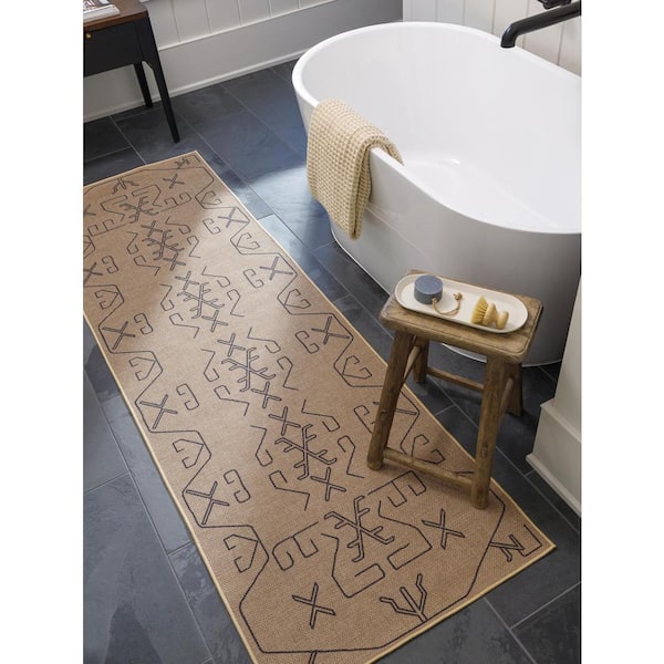 Ez Jute Light Brown/Black/Beige 2 ft. x 8 ft. Machine-Washable Rug