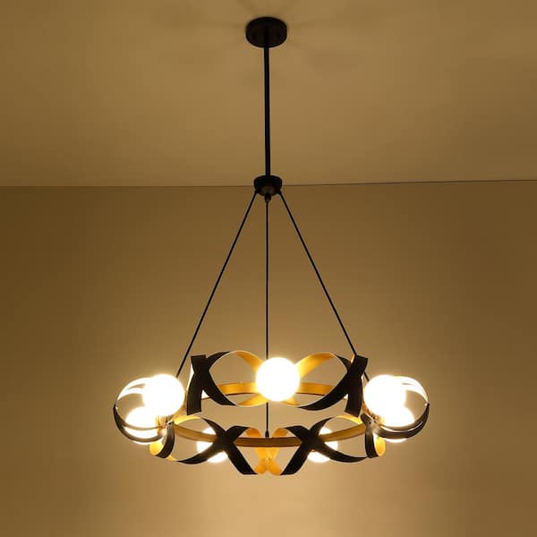 Modern 31.75 in. 7-Light Gold and Black Wagon Wheel Chandelier for Living Room with White Opal Glass Shades