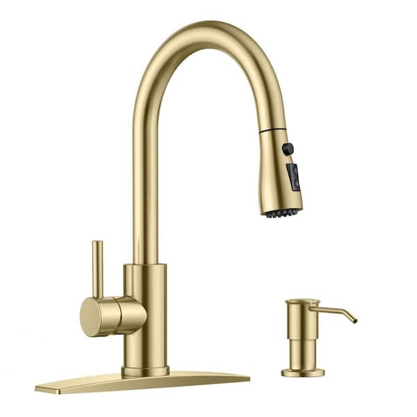 Forious pro Single-Handle Pull Down Sprayer Kitchen Faucet with High-Arc Kitchen Sink Faucet with Soap Dispenser in Brushed Gold