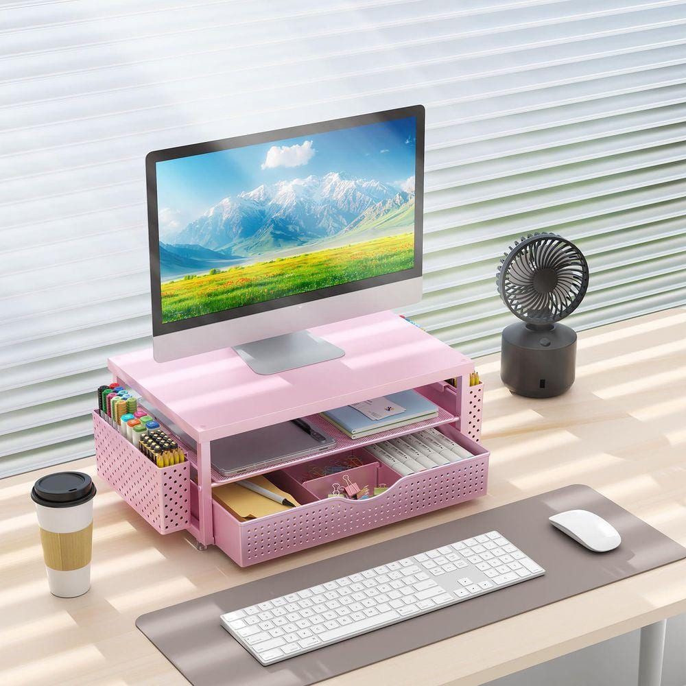 14.1 x 5.9 in. Pink Wood Alloy Steel Desktop Organizer and with Drawer and 2 Pen Holders, Decorative Stand