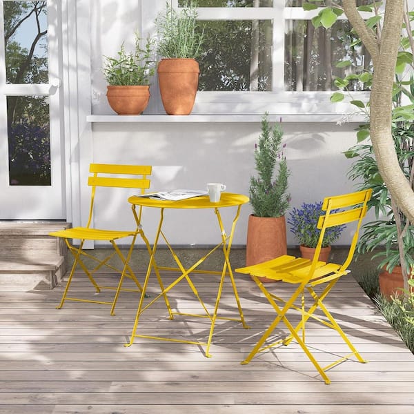 Unbranded Yellow 3-Piece Metal Outdoor Bistro Set with White Cushion