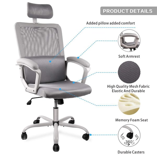 High Back Office Desk Chair with Lumbar Support Task Chair Adjustable 3D Armrest AuAg Ergonomic Office Chair Mesh Seat and Back Build in Headrest Grey 