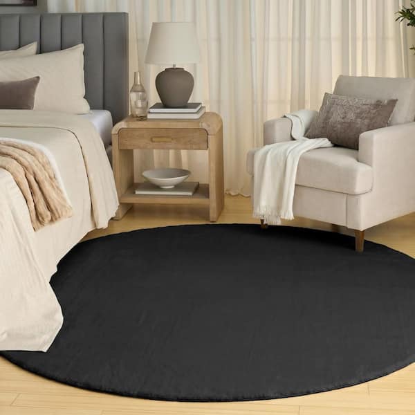 Soft Plush Rabbit Fur Black 5 ft.  Round x 5 ft. Solid Contemporary Round Area Rug
