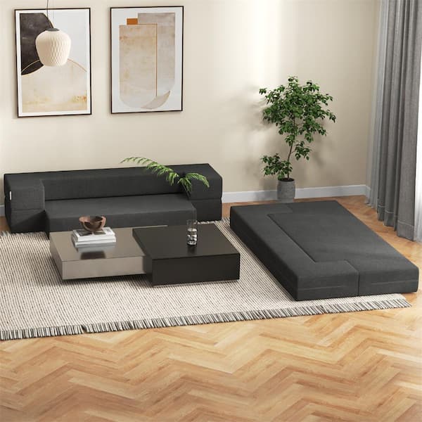 75 in. Grey Twin Size Folding Sofa Couch Bed Convertible Floor Couch Lounge Sleeper Bed