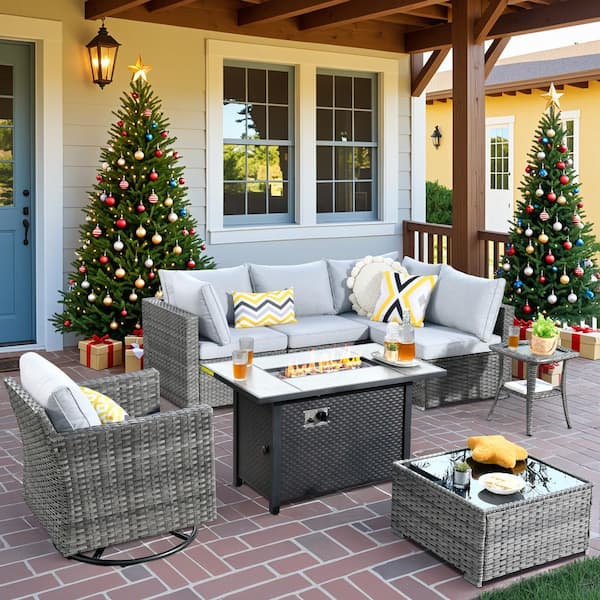 HOOOWOOO Helene Gray 8-Piece Wicker Outdoor Fire Pit Furniture Set Patio Conversation Sofa Sectional Set with Light Grey Cushions