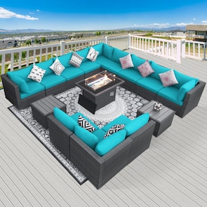 15-Piece Large Size Gray Wicker Patio Conversation Sofa Set with Teal Blue Cushions Fire Pit Table and Coffee Tables