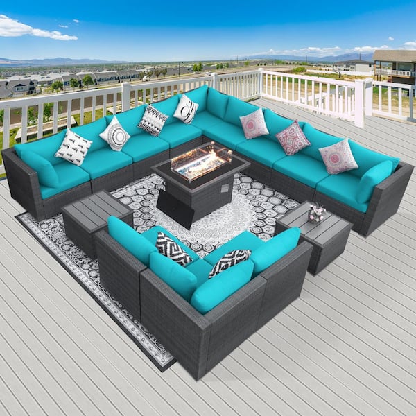 NICESOUL 15-Piece Large Size Gray Wicker Patio Conversation Sofa Set with Teal Blue Cushions Fire Pit Table and Coffee Tables