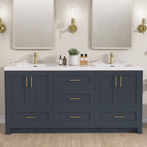 72 in. W Double Sinks Bath Vanity Cabinet Freestanding Solid Wood in Navy Blue with White Solid Surface Top and Basin