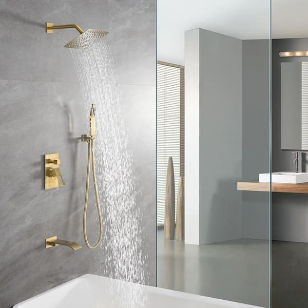 Sumerain Brushed Gold Shower Faucet Set with 8 Inches Stainless Steel Rain Shower Head, Solid Brass Rough in Valve