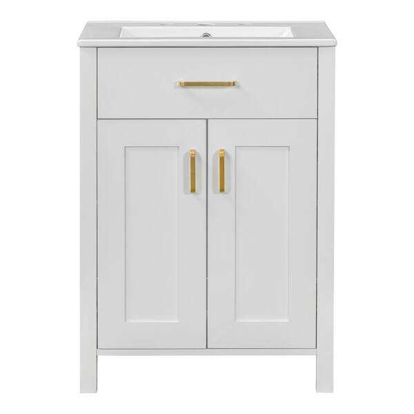 cadeninc 24.2 in. W x 18.5 in. D x 34 in. H White Bathroom vanity with Single Sink and White Ceramic Top, 2 Soft-Close Doors
