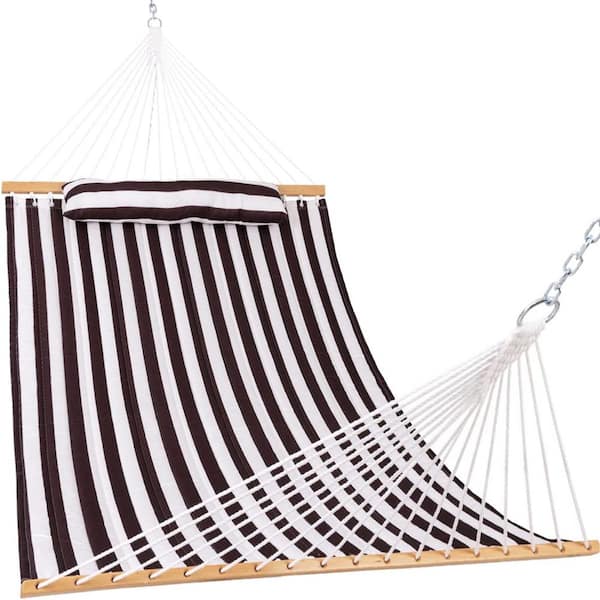 Unbranded 12 ft. Quilted Fabric Hammock with Pillow, Double 2 Person Hammock (Brown White)