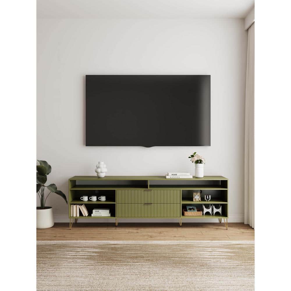 Manhattan Comfort DUMBO 85 in. Olive Green Mid-Century Modern TV Stand Fits TV's up to 80 in. with SNAP Tool-Free Assembly