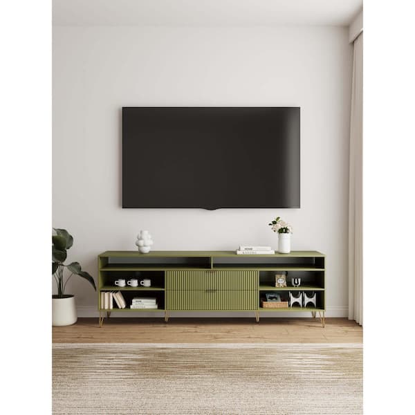 Manhattan Comfort DUMBO 85 in. Olive Green Mid-Century Modern TV Stand Fits TV's up to 80 in. with SNAP Tool-Free Assembly