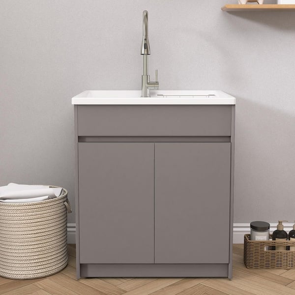 All-in-One 30 in. W x 22 in. D Taupe Freestanding Laundry Sink with Cabinet and White Solid Surface Drop-In Utility Sink
