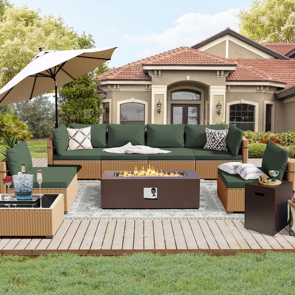 UPHA 9-Piece Outdoor Yellow Rattan Seating Set w/Pine Green Cushions,a 42 in. Brown Rectangle Fire Pit Table and a Tank Cover