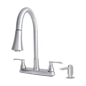 Dual Handle Pull-Down High Spout Kitchen Faucet with Dual Sprayer and Soap Dispenser in Chrome