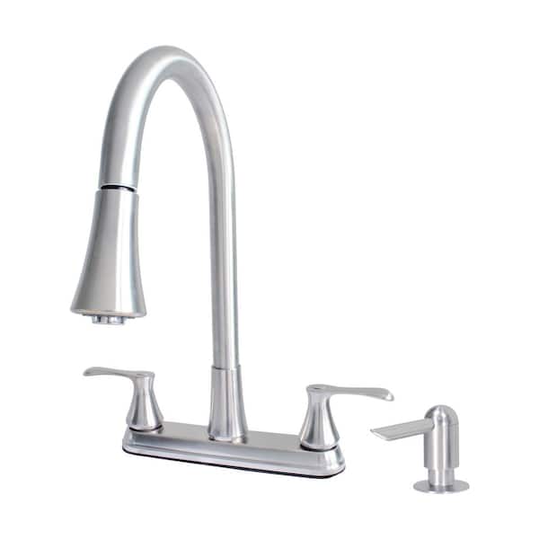 WASSERMAN FAUCETS Dual Handle Pull-Down High Spout Kitchen Faucet with Dual Sprayer and Soap Dispenser in Chrome