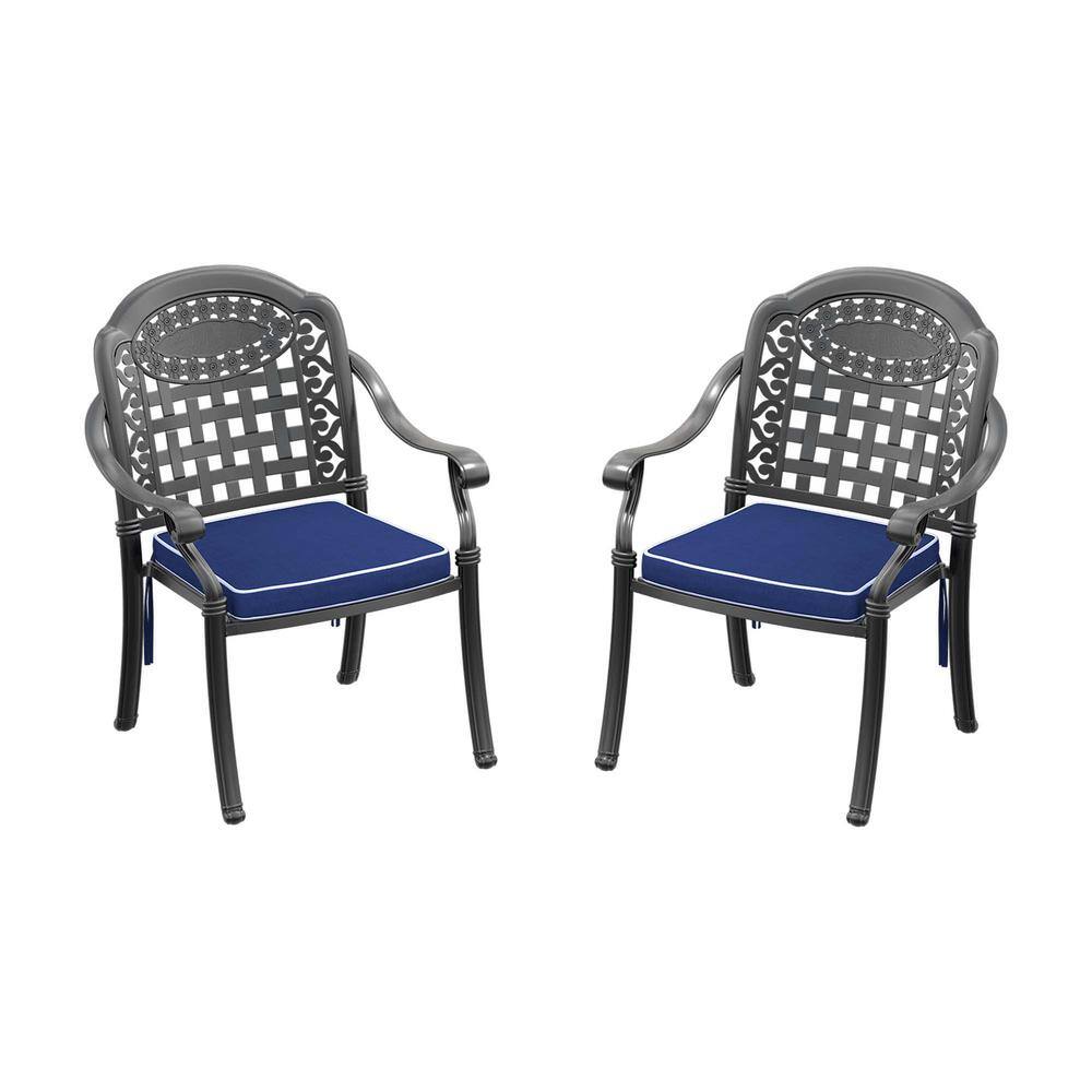 Matte Black Cast Aluminum Dining Armchairs with Blue Cushions