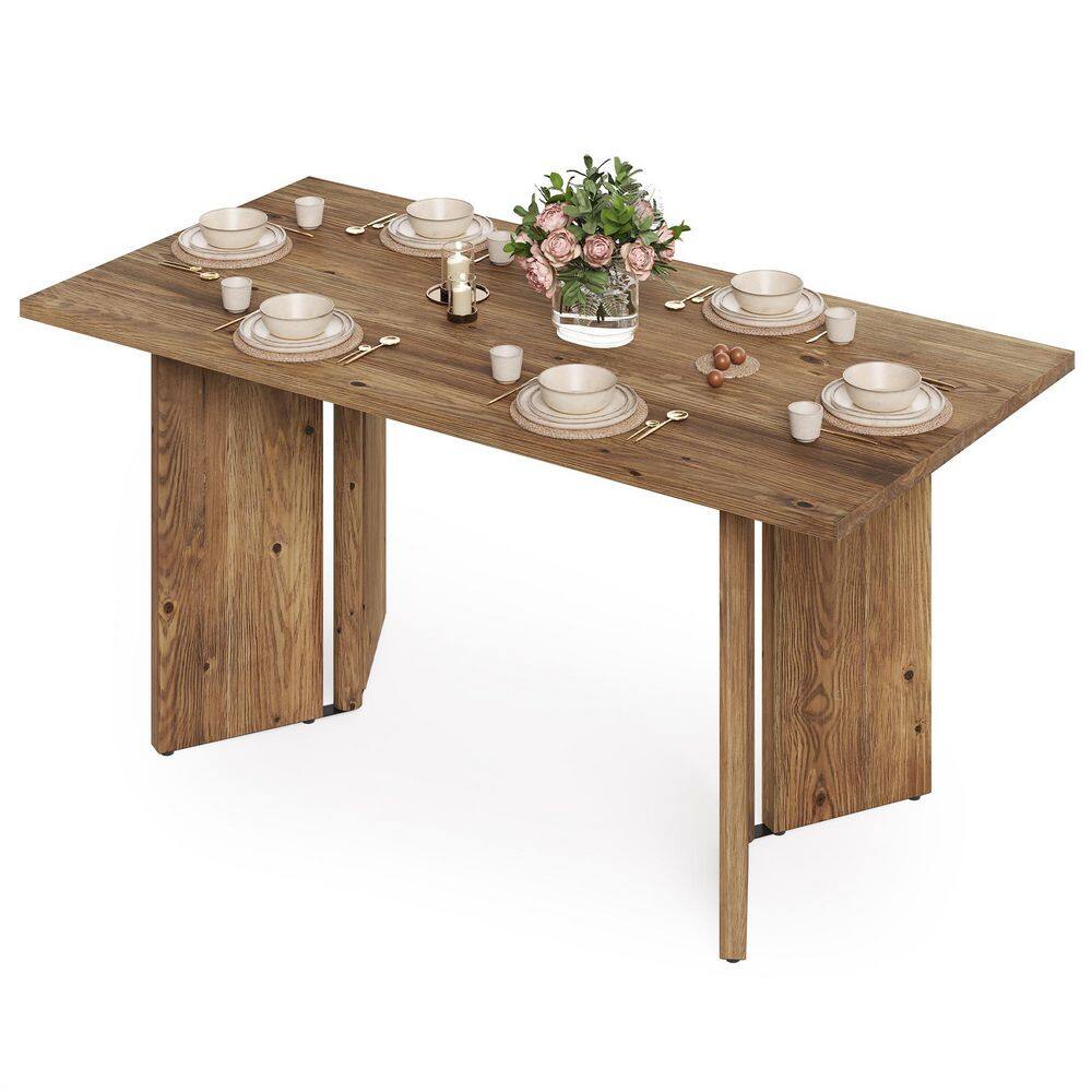 Capen Natural Brown Solid Wood 63" in. Rectangle Double Pedestal Dining Table, Farmhouse Kitchen Table for Home Seats 6