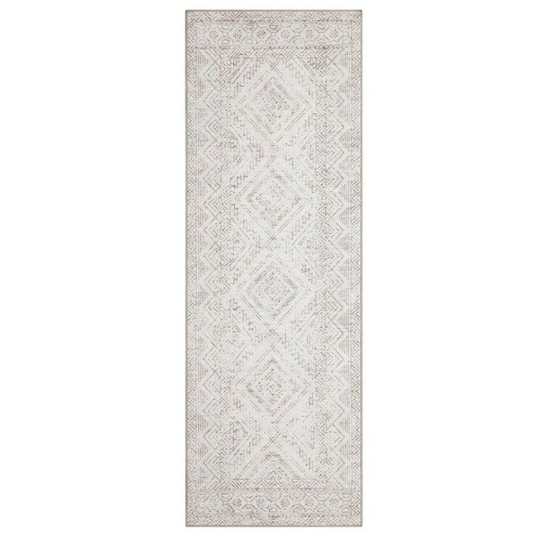Off-White 2 ft. x 8 ft. Washable Vintage Distressed Bohemian Style Polyester Area Rug