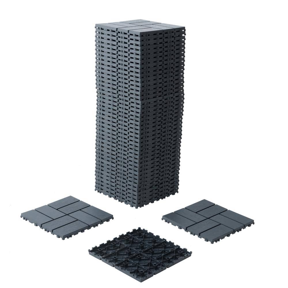 12 in. x 12 in. Plastic Dark Grey Square Stripe Interlocking Floor, Patio D