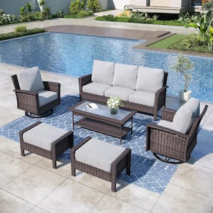 Black 6-Pieces Metal Patio Conversation Sectional Seating Set with Swivel Sofa Chairs, Glass Top Table and Gray Cushions