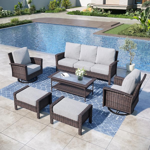 PHI VILLA Black 6-Pieces Metal Patio Conversation Sectional Seating Set with Swivel Sofa Chairs, Glass Top Table and Gray Cushions