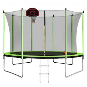 10 ft. Green Round Trampoline with Enclosure Net and Basketball Hoop