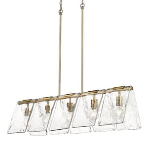 Serenity 5-Light Modern Brass Linear Pendant with Hammered Water Glass Shades