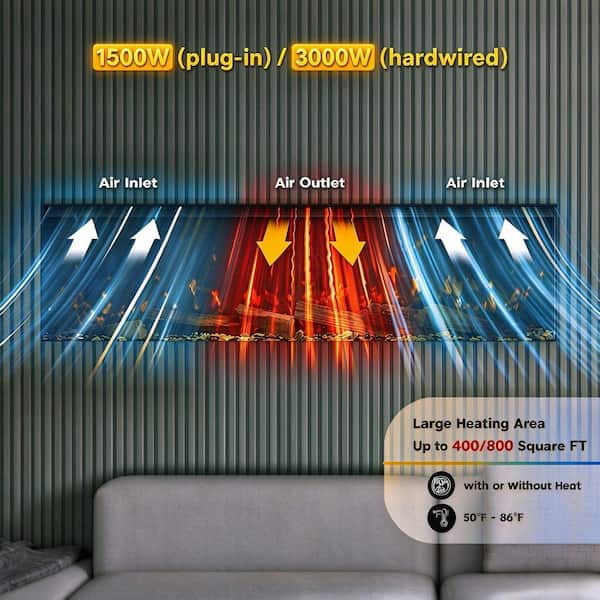 3-Sided Electric Fireplace, 3000W 88 in. Smart WiFi Electric Fireplace Insert with Crackling Sound, RGB LED Flame Colors